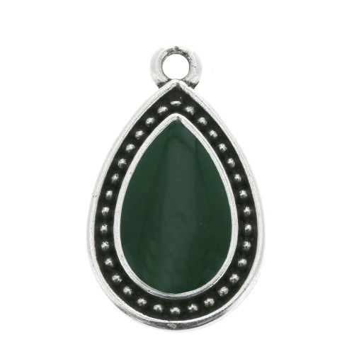 21x12mm Drop Pendant with Epoxy Resin - Antique Silver Tone - Green x1