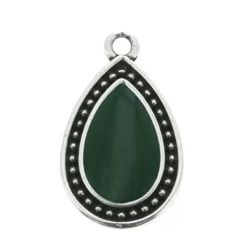 21x12mm Drop Pendant with Epoxy Resin - Antique Silver Tone - Green x1