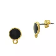11.5x9mm Epoxy resin round earstuds with closed ring - fine Gold plated - Black x2