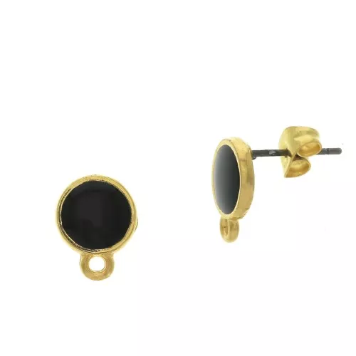 11.5x9mm Epoxy resin round earstuds with closed ring - fine Gold plated - Black x2