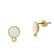 11.5x9mm Epoxy resin round earstuds with closed ring - fine Gold plated - White x2|raw }}