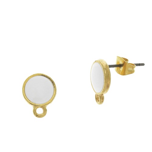 11.5x9mm Epoxy resin round earstuds with closed ring - fine Gold plated - White x2