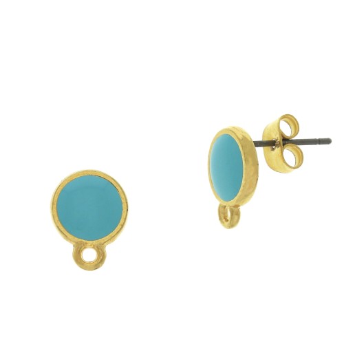 11.5x9mm Epoxy resin round earstuds with closed ring - fine Gold plated - Turquoise x2