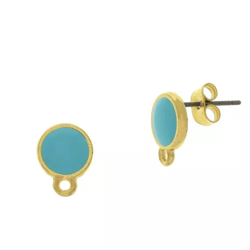 11.5x9mm Epoxy resin round earstuds with closed ring - fine Gold plated - Turquoise x2