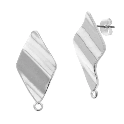 32x15mm Wavy rhombus earstuds with closed ring - Fine Antique silver plating x2
