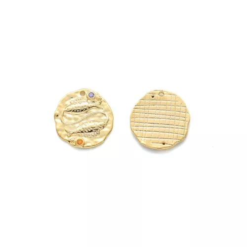15mm Brass zodiac Charm with zirconium oxide - Pisces - Gold Tone x1