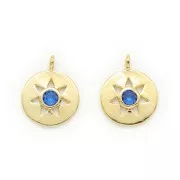 13x10.5mm Brass Round Charm - Star pattern with zirconium oxide - Gold Tone - Blue x1