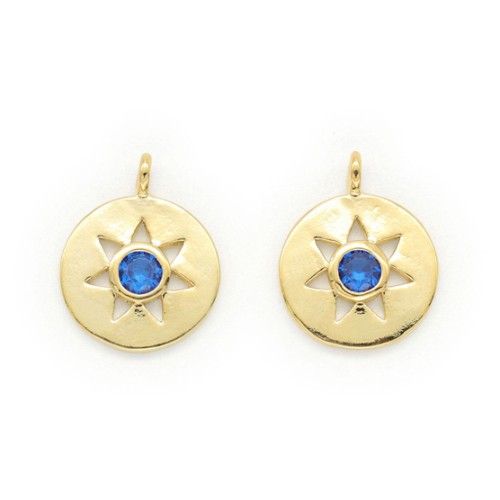 13x10.5mm Brass Round Charm - Star pattern with zirconium oxide - Gold Tone - Blue x1
