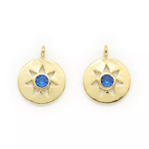13x10.5mm Brass Round Charm - Star pattern with zirconium oxide - Gold Tone - Blue x1