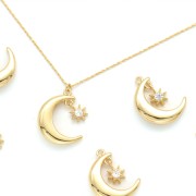 17x12.5mm Half-Moon pendant with stard and zirconium oxide - Gold - Crystal x1