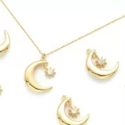 17x12.5mm Half-Moon pendant with stard and zirconium oxide - Gold - Crystal x1