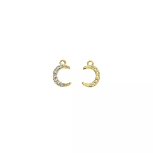 10x6.5mm Brass Half-Moon Charm with zirconium oxide - Gold - Crystal x1
