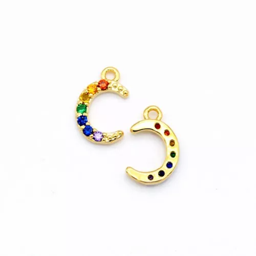 10.5x7mm Brass Half-Moon Charm with zirconium oxide - Gold - Multicolored x1