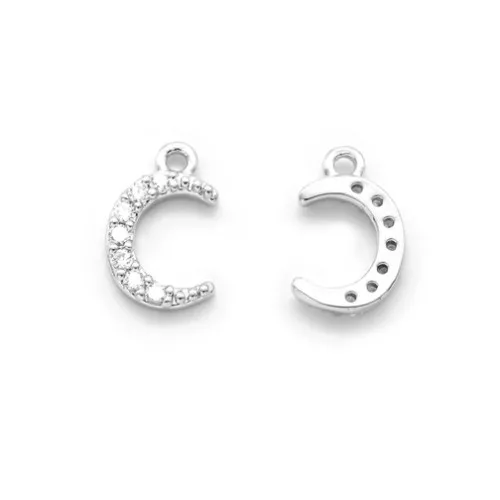 10x6.5mm Brass Half-Moon Charm with zirconium oxide - Rhodium - Crystal x1