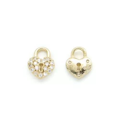 8x6.5mm Brass Padlock Charm with zirconium oxide - Gold - Crystal x1