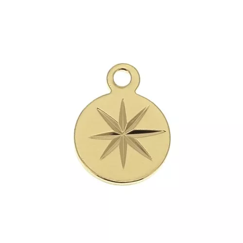 10.5x8mm Round Charm with engraved North Star - fine Gold plated x1