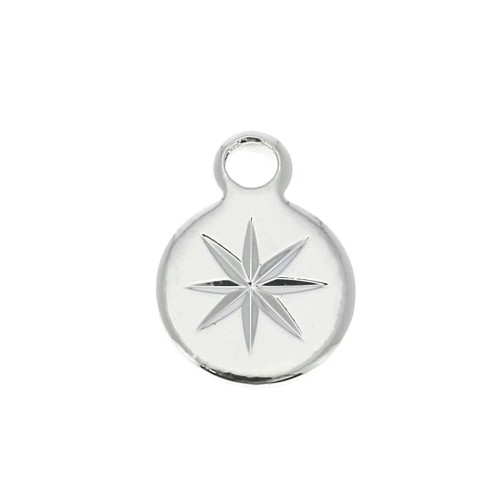10.5x8mm Round Charm with engraved North Star - fine silver plating x1