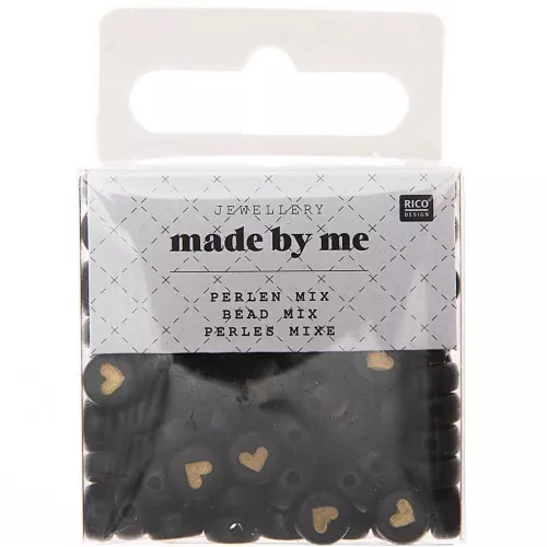 Assortment of 165 round beads 7mm Hearts - Black - Gold x1