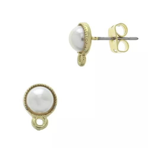 10x7mm Shell Earstuds with imitation mother-of-pearl bead - White - fine Gold plated x2