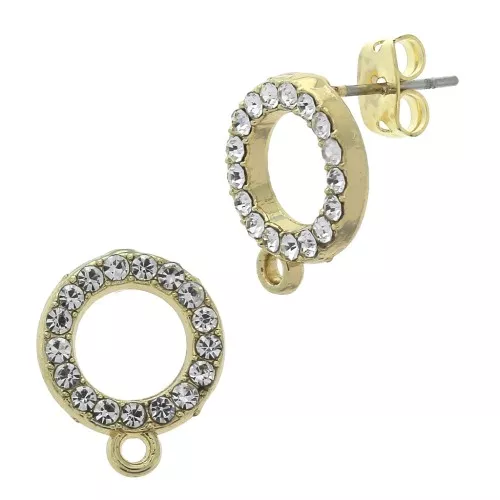 14.5x12mm Round Earstuds with rhinestones and closed rings - fine Gold plated - Crystal x2