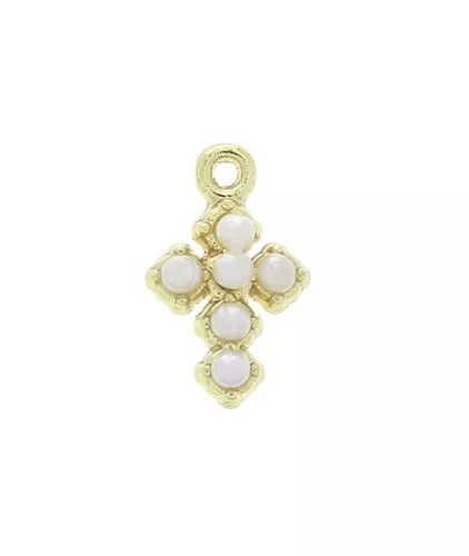 10x6mm Mini round charm with imitation mother-of-pearl bead - Gold - White x1