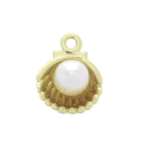 11.5x9mm Round shell charm with imitation mother-of-pearl bead - Gold - White x1