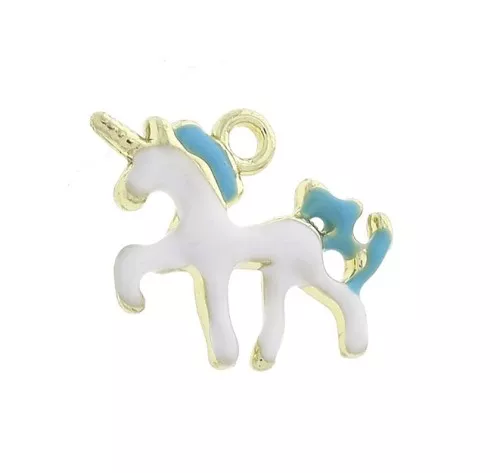 14x17mm Zamac and epoxy resin unicorn pendant - White - Blue - Gold Tone x1