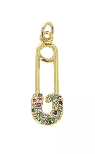 25x8mm Safety pin pendant with zirconium oxide jump ring - Gold Tone - Multicoloredx1