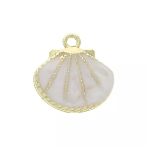 24x23mm Zamac and epoxy resin shell pendant - White - Gold Tone x1