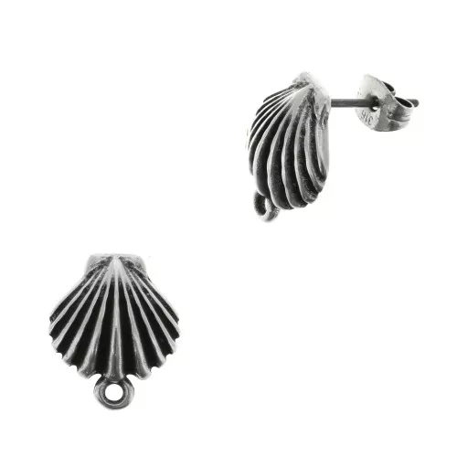 15x12 mm Shell earstuds with closed ring - Fine Antique silver plating x2