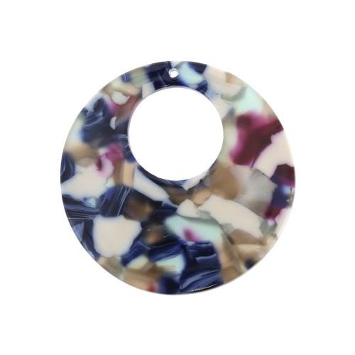 35mm Round hollowed out acetate pendant - Tortoiseshell - Blue - White x1