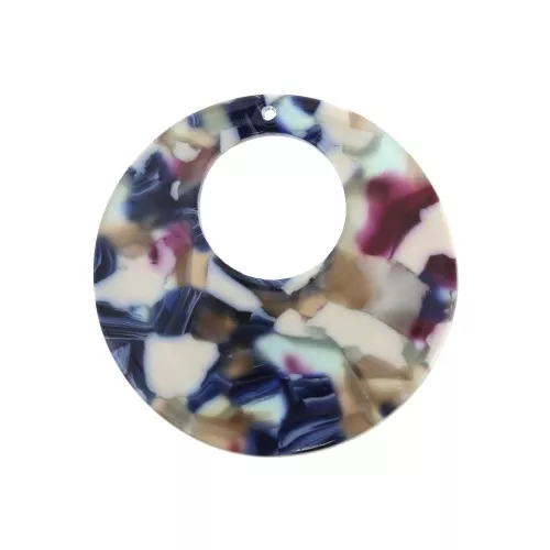 35mm Round hollowed out acetate pendant - Tortoiseshell - Blue - White x1