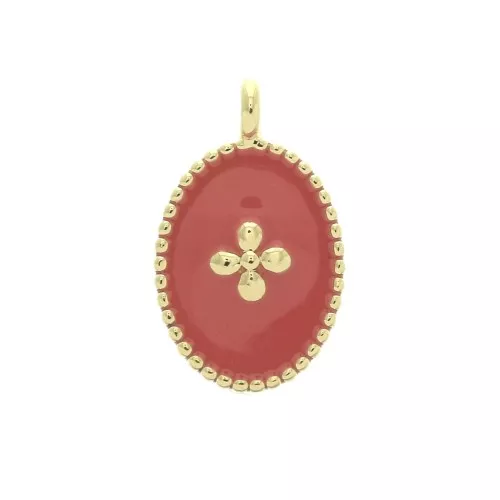 14x8.5mm Oval charm cross pattern and epoxy resin - fine Gold plated  - Coral x1