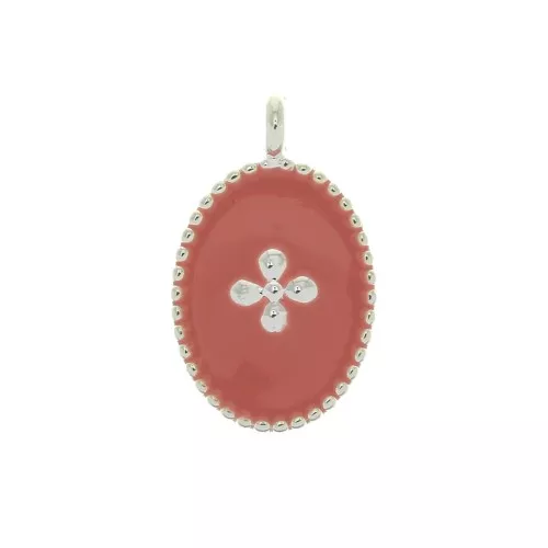 14x8.5mm Oval charm cross pattern and epoxy resin - fine silver plating - Coral x1