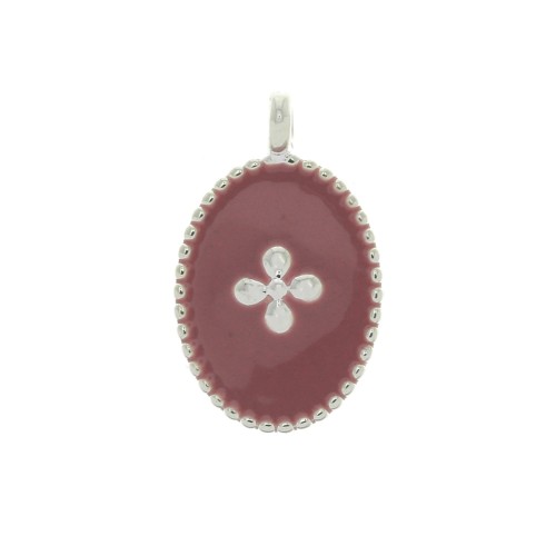 14x8.5mm Oval charm cross and epoxy resin - fine silver plating - Antique Pink x1