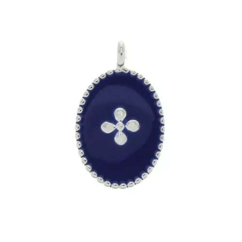 14x8.5mm Oval charm cross pattern and epoxy resin fine silver plating Dark Blue x1