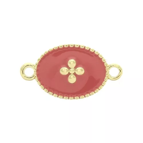 15x8.5mm Oval spacer oval cross pattern epoxy resin - Fine Gold plated - Coral x1