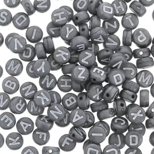 Assortment of 200 round alphabet 7mm letter beads - Dark Grey - White x1