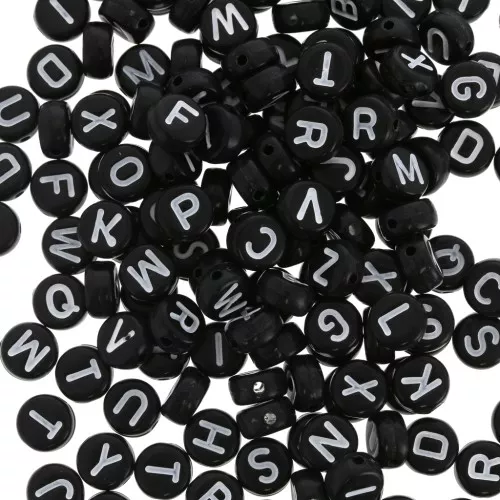 Assortment of 200 round alphabet 7mm letter beads - Black - White x1