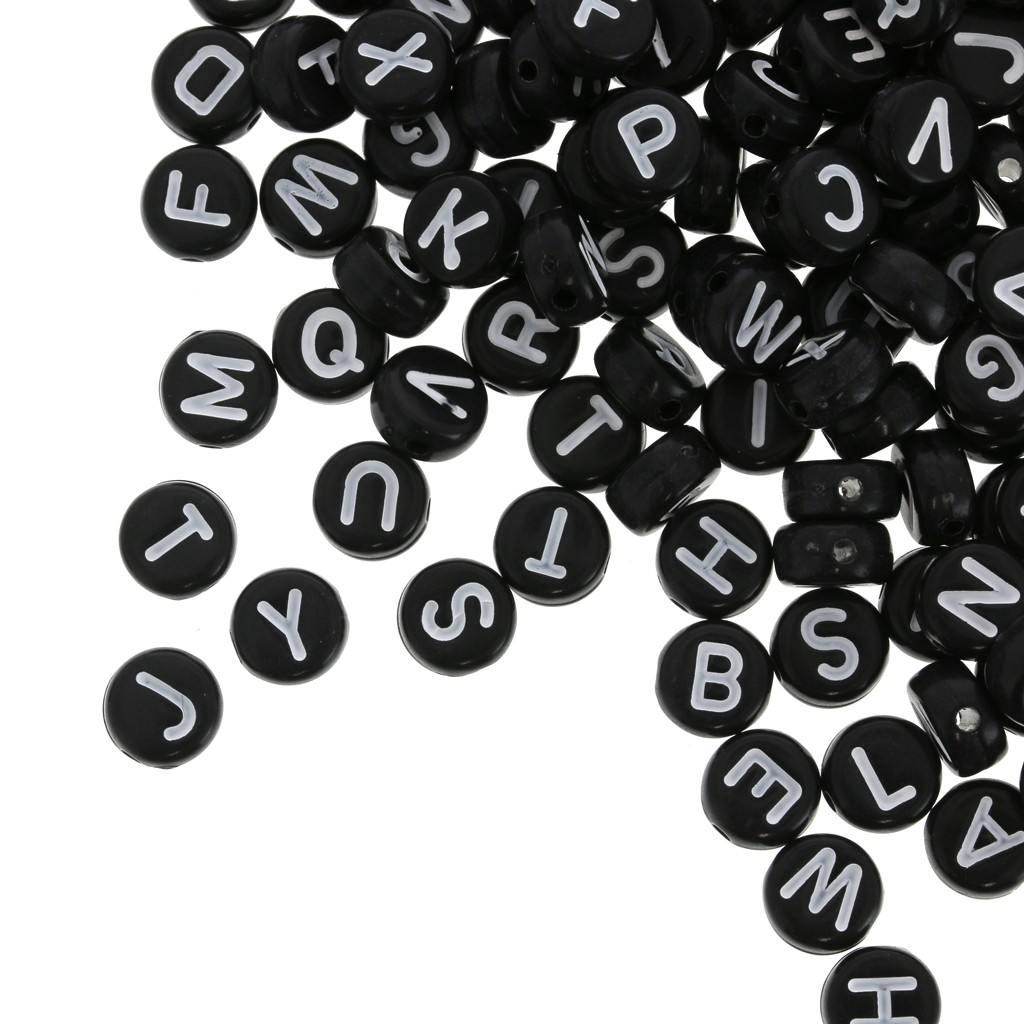Assortment Of 200 Round Alphabet 7mm Letter Beads Black White X1 