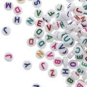 Acrylic White Beads With Colorful Letters – Flat Round Disc, 4x7 Mm – Single & Mixed – DIY Jewelry Making