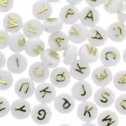 Assortment of 200 round alphabet 9.5m letter beads - White - Gold x1
