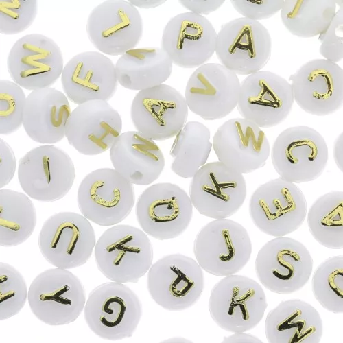 Assortment of 200 round alphabet 9.5m letter beads - White - Gold x1