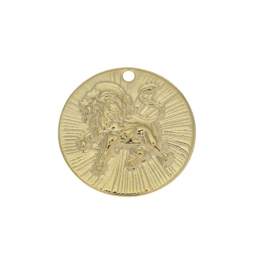 15mm Gold plated Textured Round Charm - Leo Zodiac sign x1