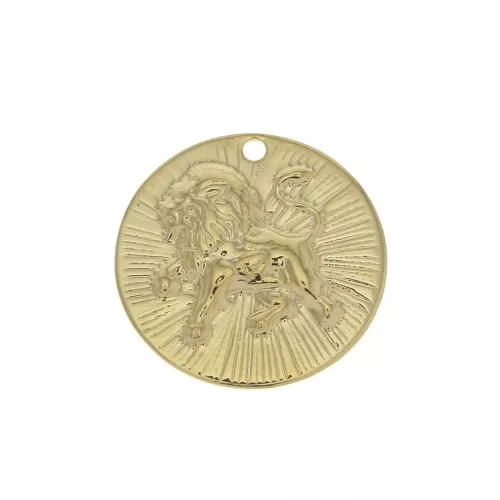 15mm Gold plated Textured Round Charm - Leo Zodiac sign x1