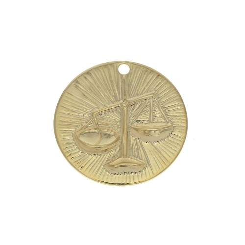 15mm Gold plated Textured Round Charm - Libra Zodiac sign x1