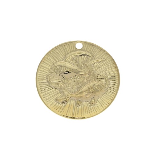 15mm Gold plated Textured Round Charm - Pisces Zodiac sign x1