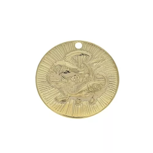 15mm Gold plated Textured Round Charm - Pisces Zodiac sign x1