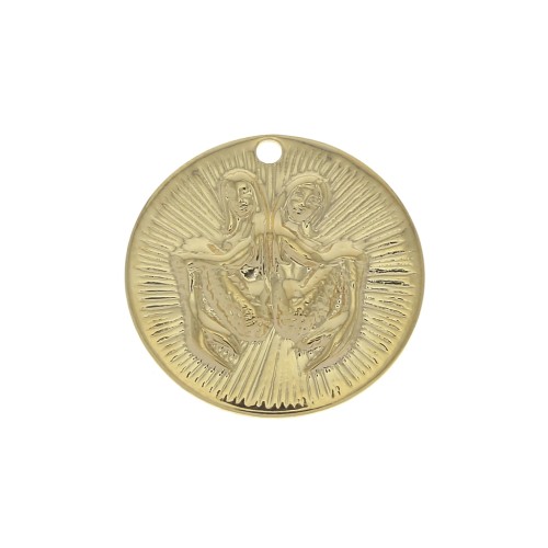 15mm Gold plated Textured Round Charm - Gemini Zodiac sign x1