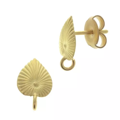 Leaf ear studs with open hoop 12x8 mm - Satin gold-plated x2